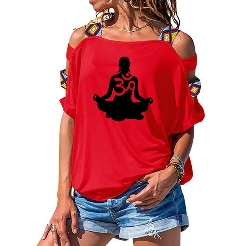 womens Short sleeve Om Aum Silhouette print T-shirt Summer Fashion clothing t shirt women's Sexy Hollow Out Shoulder shirt 210306