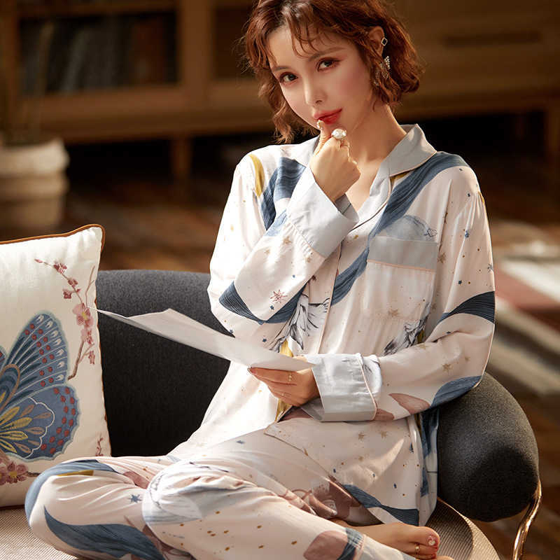 JULY'S SONG 100% Viscose Women Pajamas Casual Long Sleeve Sleepwear Pajamas Set Printed Pockets Summer Cool Pyjama Suit Femmel 210924