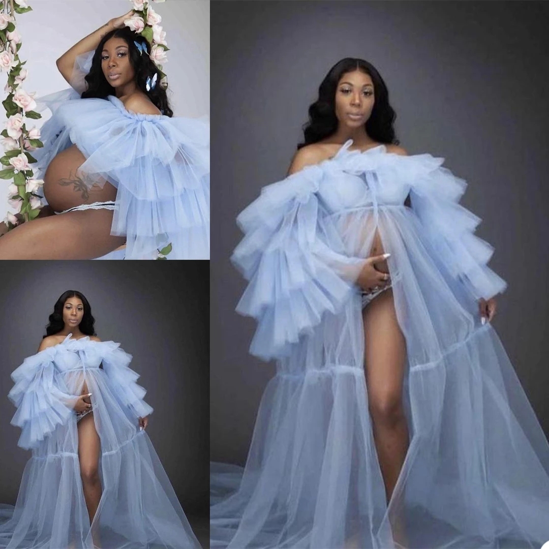 Light Sky Blue Maternity Sleepwear for Photoshoot Tulle Bathrobe Sexy Off Shoulder Full Sleeve Tiered Ruffles Prom Dress