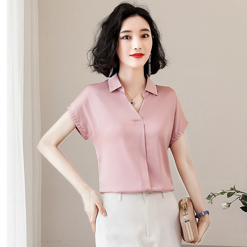 Korean Fashion Silk Women Blouses Satin Solid Short Sleeve Pink Women Shirts Plus Size XXXL Womens Tops and Blouses 210225
