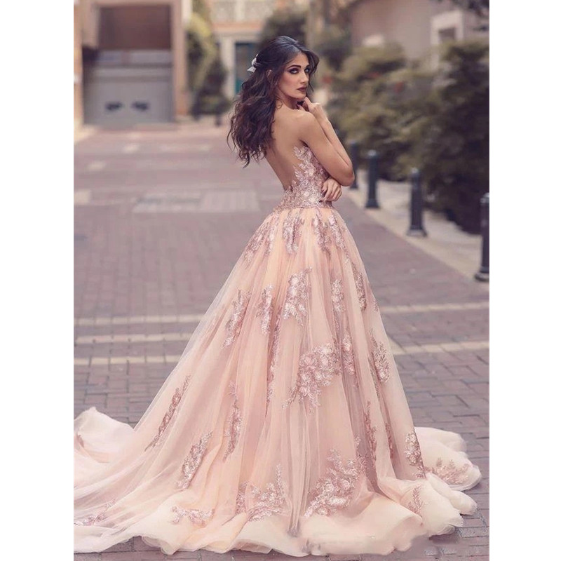Sexy Blush Pink Prom Dresses Deep V-neck Lace Appliques Side Split Celebrity Evening Pageant Gowns with Overskirt