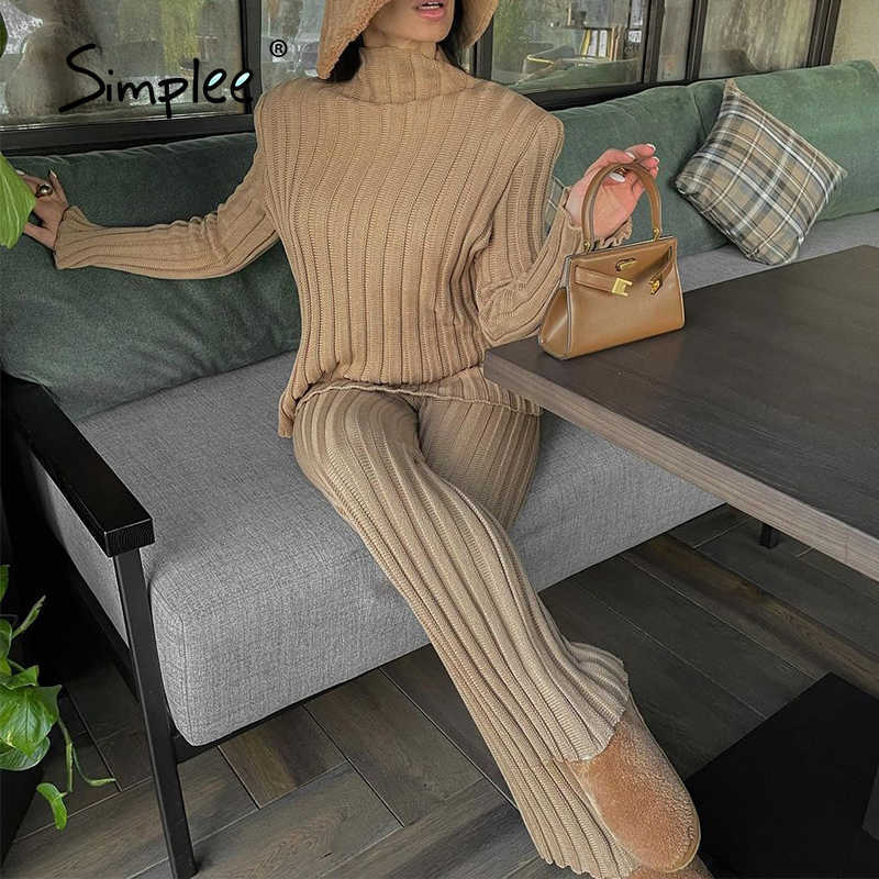 Vintage green turtleneck long sleeves knitted pant set High street winter two-piece set Female shoulder pads suit 211007