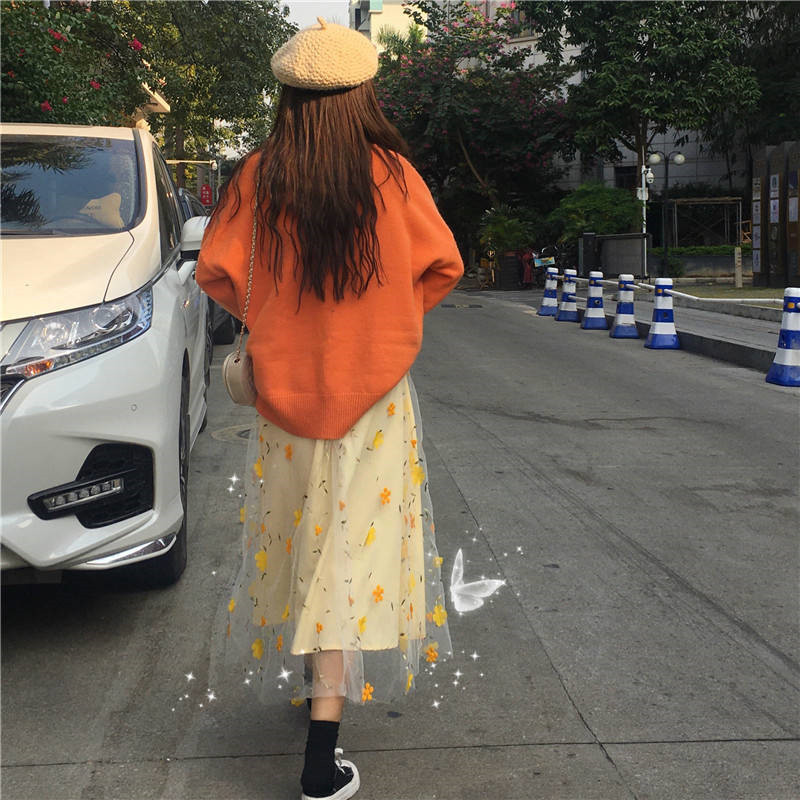 Yellow 3D Flower Lace Skrit Women High Waist Mesh Long Skrit Female elegant Midi tulle skirt Sweet Cute Student School Wear saia 210309