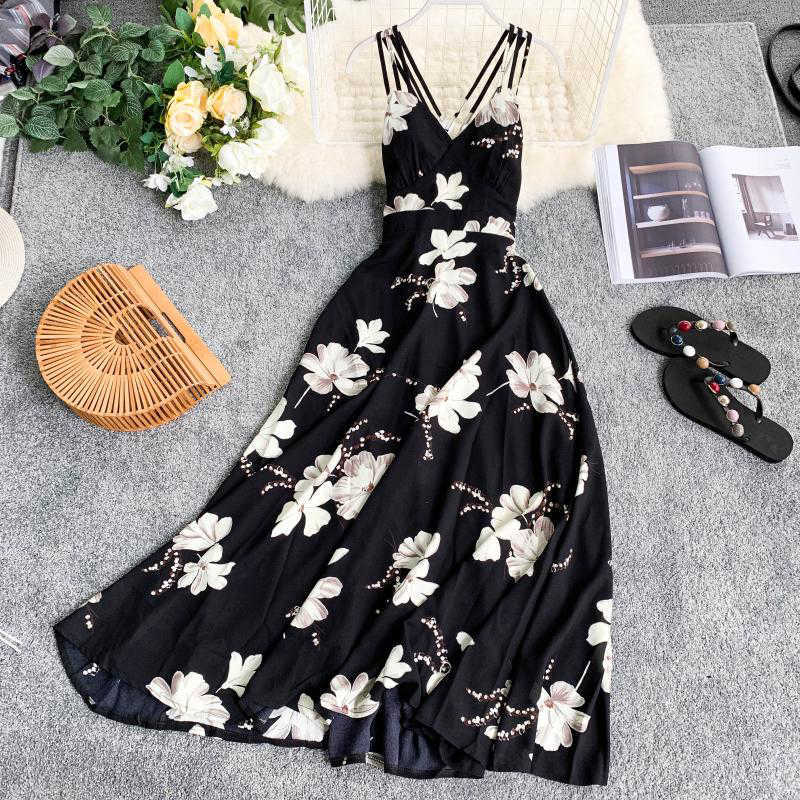 LY VAREY LIN Women Sexy V Neck Summer Sandy Beach Printing High Waist A-line Party Tank Sundress Elegant Long Dress Vestidos 210526