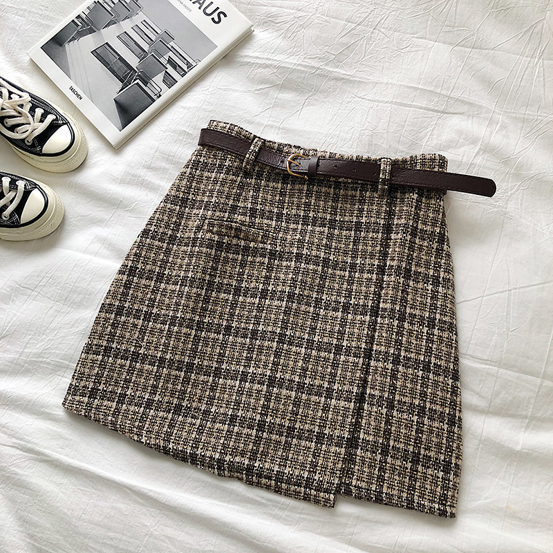 Korean Irregular Lady Skirt Female Autumn Sweet High Waist Aline Mini Skirt Vintage Casual Women Plaid Skirt Chic Sashes 210306