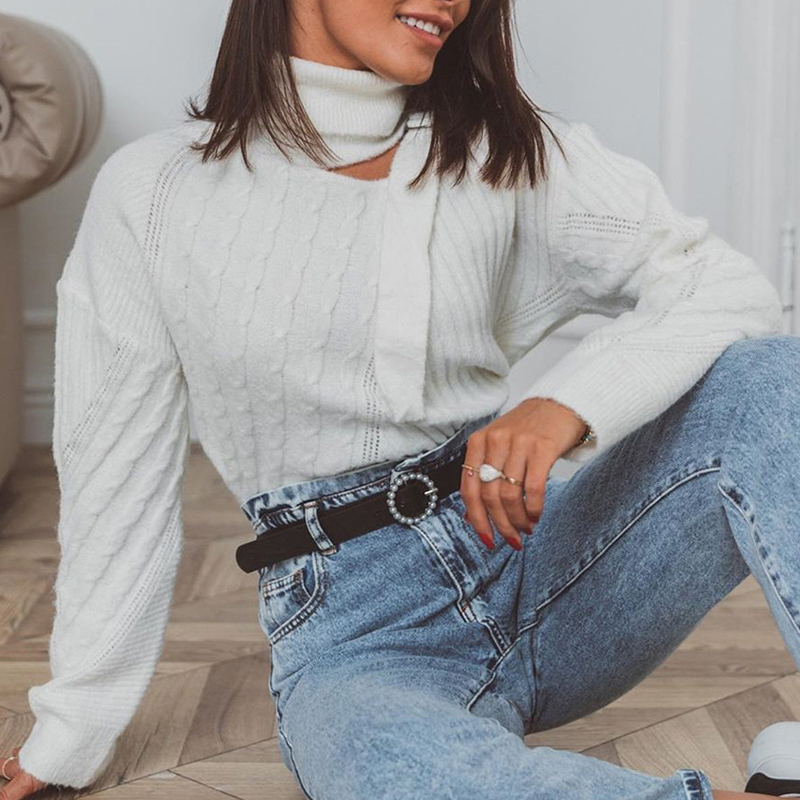 TWOTWINSTYLE Elegany Asymmetrical Women Sweater Turtleneck Long Sleeve Hollow Out Irregular Striped Knitting Sweaters For Female 210218