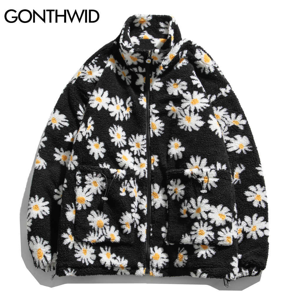 GONTHWID Cotton Padded Thick Parkas Jackets Streetwear Hip Hop Daisy Print Fleece Warm Full Zip Coats Fashion Harajuku Outwear 210818