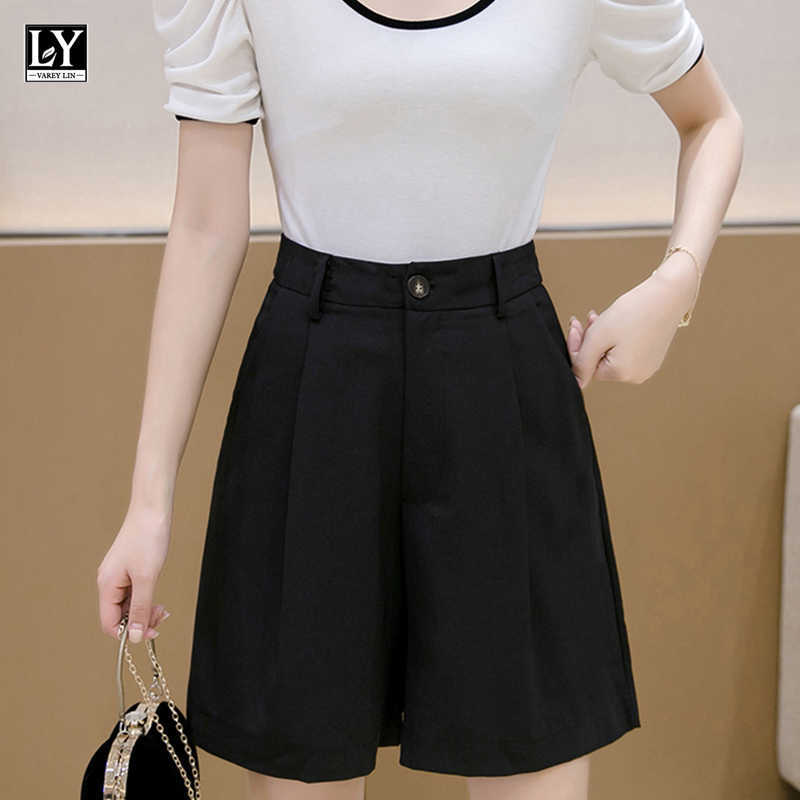 LY VAREY LIN Spring Summer Streetwear Female Stright Solid Color Wide Leg Shorts Women High Waist Button Loose 210526