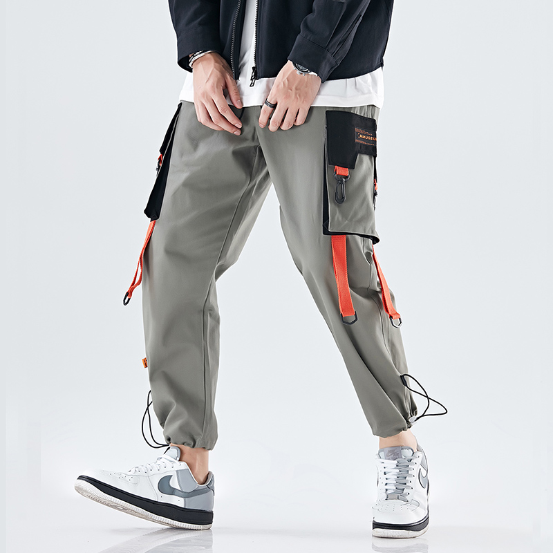 Ribbons Overalls Cargo Pants Men Personality Streetwear Loose Casual Pockets Track Fashion Trousers Sport Joggers Men Clothing