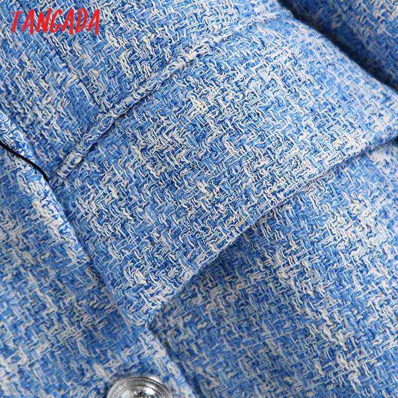 Tangada Women Double Breasted Tweed Blue Blazers Coat Office Lady Long Sleeve Pockets Female Outerwear BE508 211122