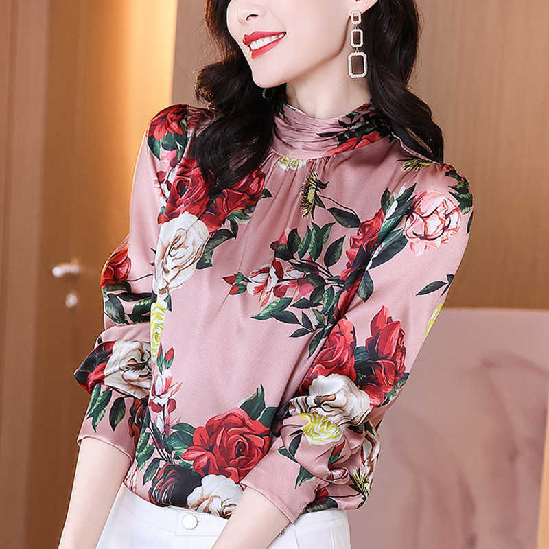 Korean Silk Blouse Women Satin Print s Shirts Long Sleeve Tops Plus Size Woman Shirt s 210604