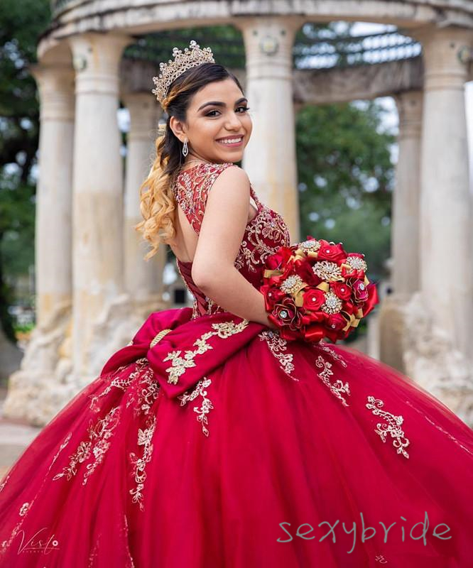 Eelgant Bow Lace Beaded Crystals Quinceanera Dresses Red Tulle Ball Gown Evening Prom Party Sweet 16 Dress 15 Plus Size Back Lace-Up Special