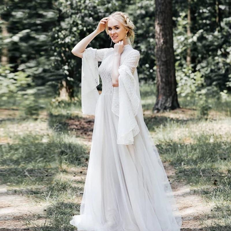 Country Style Vintage Bohemian A Line Wedding Gowns Long Puffy Sleeves High Jewel Neck Boho Lace Tulle Fairy Bridal Dresses Vestido De Noivas Custom M