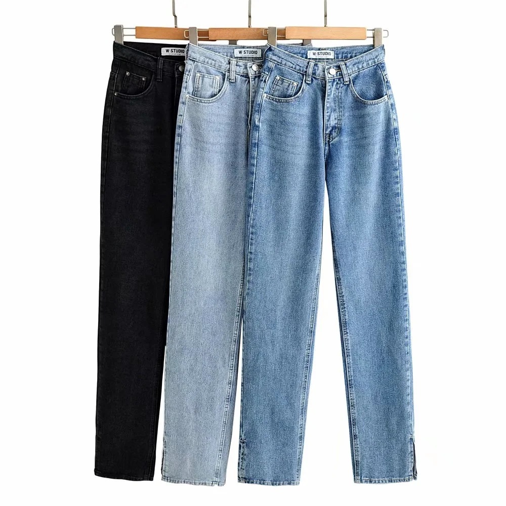 Women high waist jeans pant Spring loose solid denim jeans pants Button Summer retro ladies zipper blue denim Floor split pants 210222