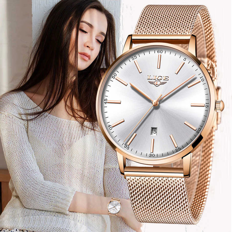 LIGE Luxury Date Watch Women Waterproof Rose Gold Mesh Belt Ladies Wrist Watches Top Brand Bracelet Clock Relogio Feminino 210616, All black