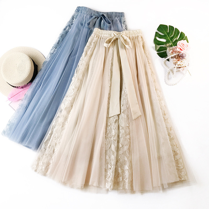 Fashion Tutu Tulle Skirt Women Long Maxi Skirt Korean Cute Bow High Waist Pleated Skirt Female School Sun Spodnica 210306