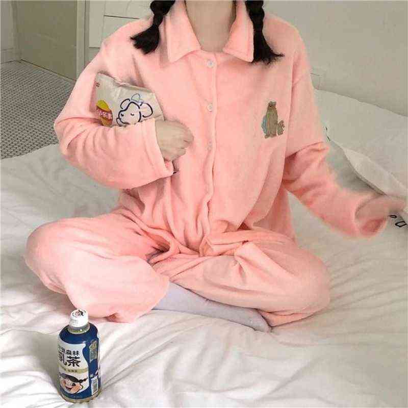 QWEEK Women Pajamas Bedroom Set Solid Color Embroidered Flannel Pijamas Korean Loose Comfortable Turn Down Collar Pyjamas Cute 211118