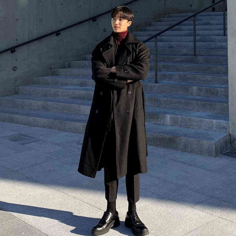 IEFB Autumn Winter Woolen Coat Men's Korean Trend Medium Long Loose Long Coats Handsome Over Knee Woolen Coat With Belt 9Y9566 211122