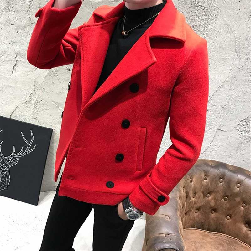 Autumn Winter Solid Color Overcoat Woolen Coat Red Black Smart Casual Mens Wool Coat Coats Jackets Slim Fit Mens Pea Coat 211122