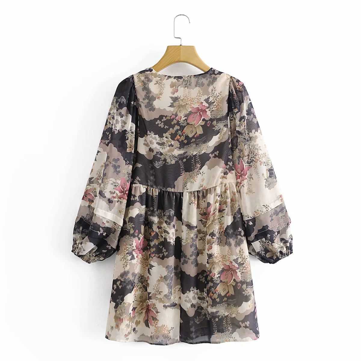 Women Dress Printed V-neck Long Puff Sleeves Lined Vintage Casual Short Dress Woman Dresses 210709