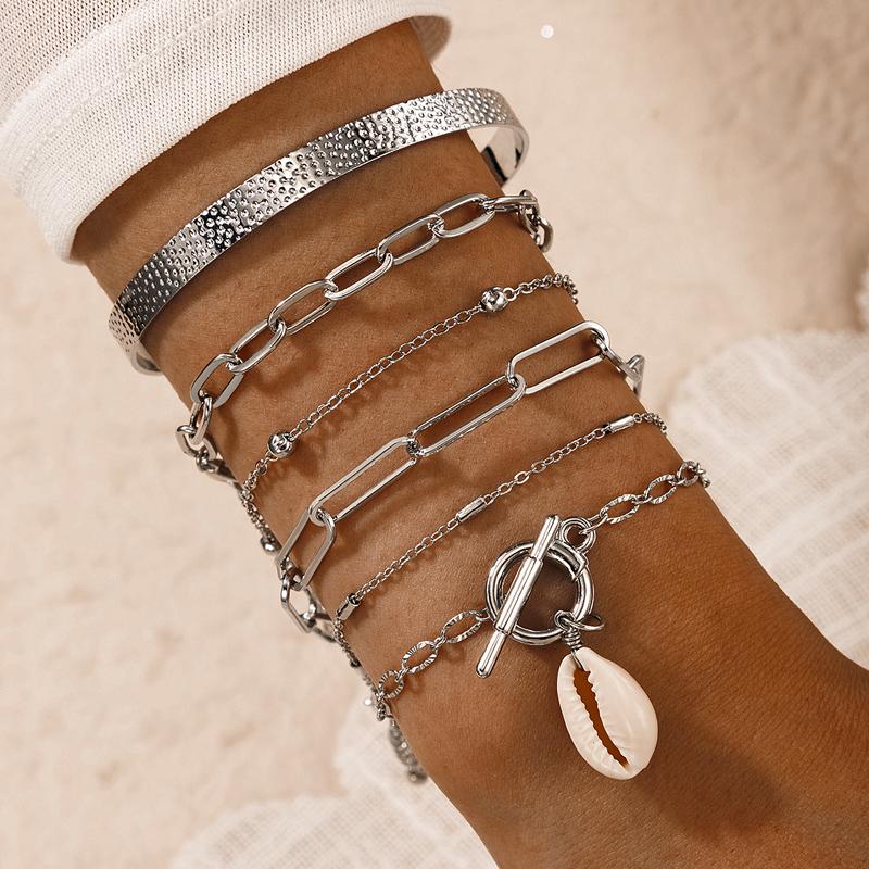 Link, Chain Multi-layer Shell Pendant Bangle For Women Vintage Silver Color Geometry Hollow Opening Bracelet Set Jewelry Party 18445