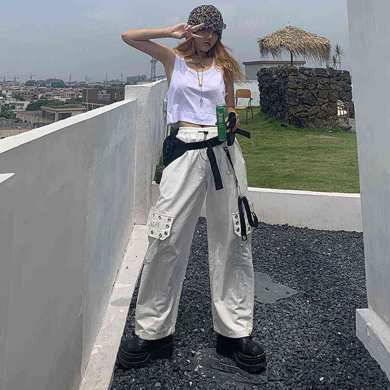 HOUZHOU Harajuku Punk Black Cargo Pants Women Gothic Chain White Wide Leg Trousers Female Hippie Street Style Emo Mall Goth 211115