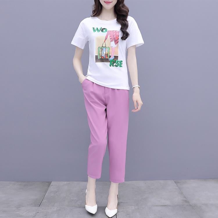 Women's Two Piece Pants Summer Print Sequins Sweatshirt Purple Pnats Korean Fashion Career Pcs Suit Leisure Outfit Top Set Clothing