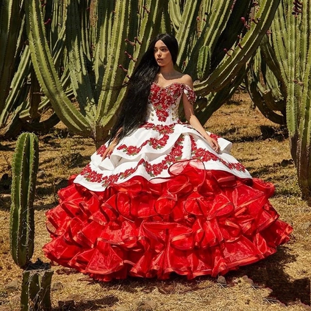 Red Beaded Quinceanera Dresses 2021 Puffy Ruffles Princess Sweet 16 Dresses Tiered Skirts Girls Masquerade vestidos de 15 blancos