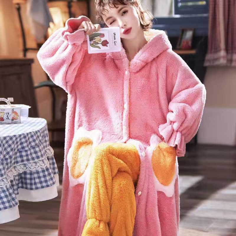 Winter Flannel Pajamas Set For Women Animal Thick Warm Cute Long Sleeves Sleepwear Loose Pyjamas Suit Homewear Clothes 210924