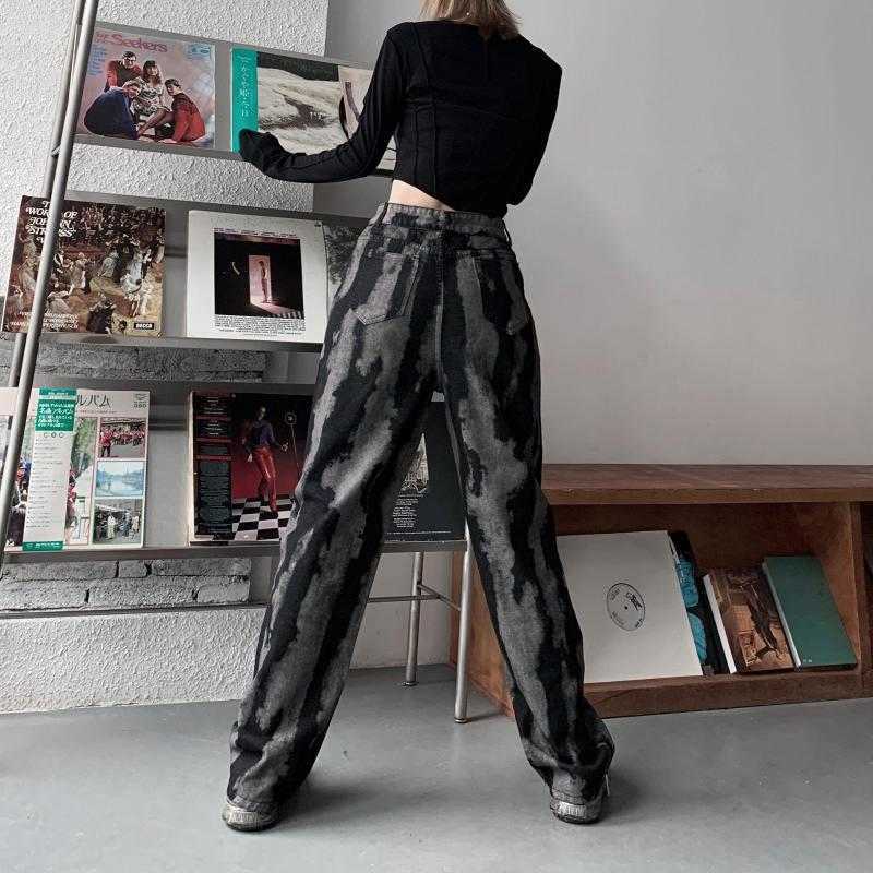 Yedinas Tie Dye Denim Pants Women Wide Leg Jeans High Waist Black Gothic Trousers Jean Boyfriend Femme 90s Streetwear 210527