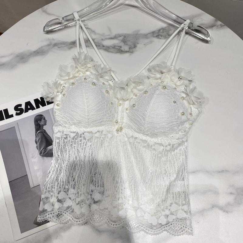 DEAT Women Three-dimensional Petal Pearl Lace Camis Arrivals Sexy Backless Temperament Fashion Spring Summer 11D914 210709