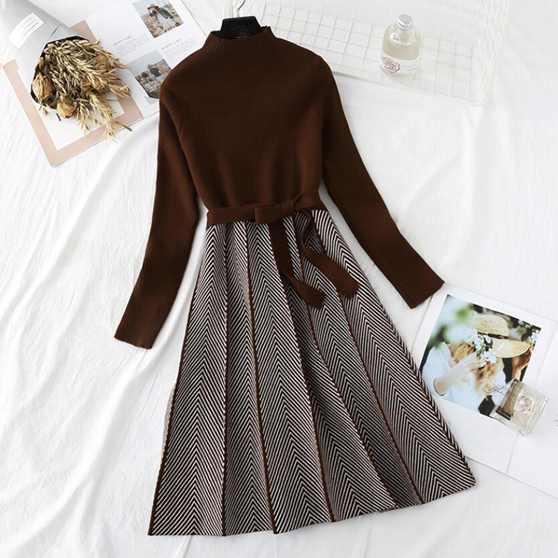 Autumn Winter Women Knitted Dress New Korean Long Sleeve Half turtleneck A Line Sweater Dress Elegant Ladies Bandage Dress 201008