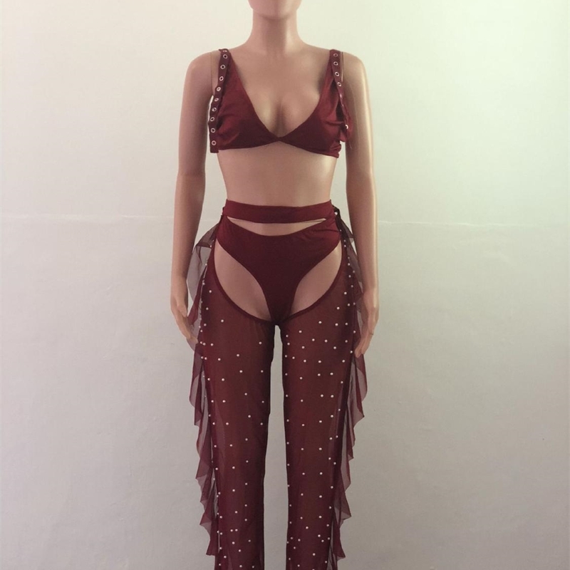 Echoine Crop Tops and Ruffle Pants 2 Pieces Set Women Sexy Club Bodycon Suit Backless See Through Sheer Mesh Outfit Matching Set