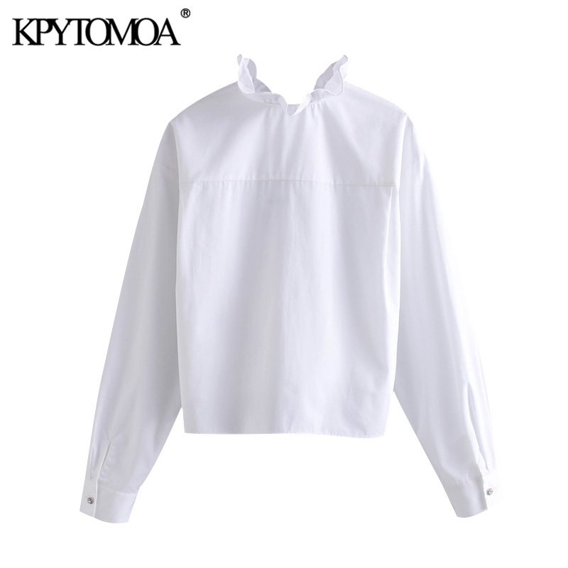 Vintage Sweet Jewelled Buttons Ruffles Blouses Women Fashion High Collar Long Sleeve Female Shirts Blusas Chic Tops 210225