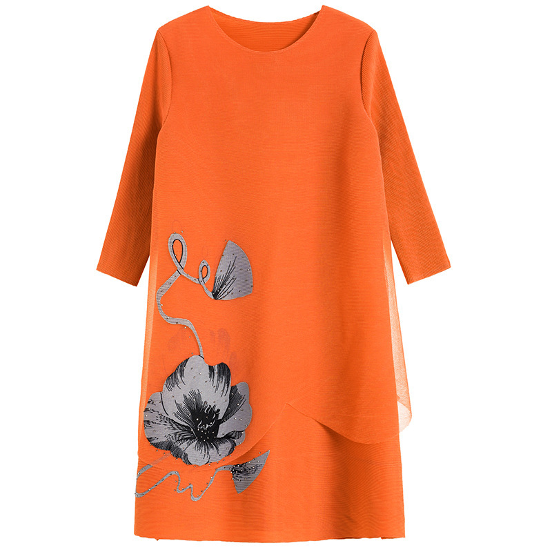 Flower Drill Mesh Pleated Dress Women's Summer Three Quarter Sleeves Loose Casual Orange Dresses Mother Gift 2D3930 210526