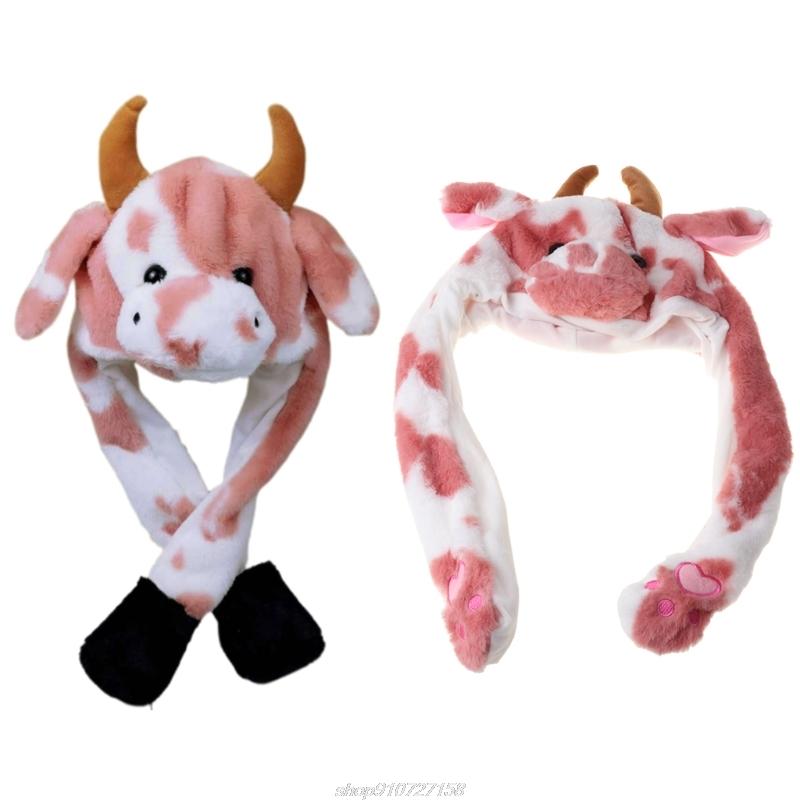 Beanie/Skull Caps LED Light Up Plush Animal Hat With Moving Jumping Ears Multicolor Cartoon Milk Cow Earflap Cap Stuffed Toys JY08 21 Dropsh
