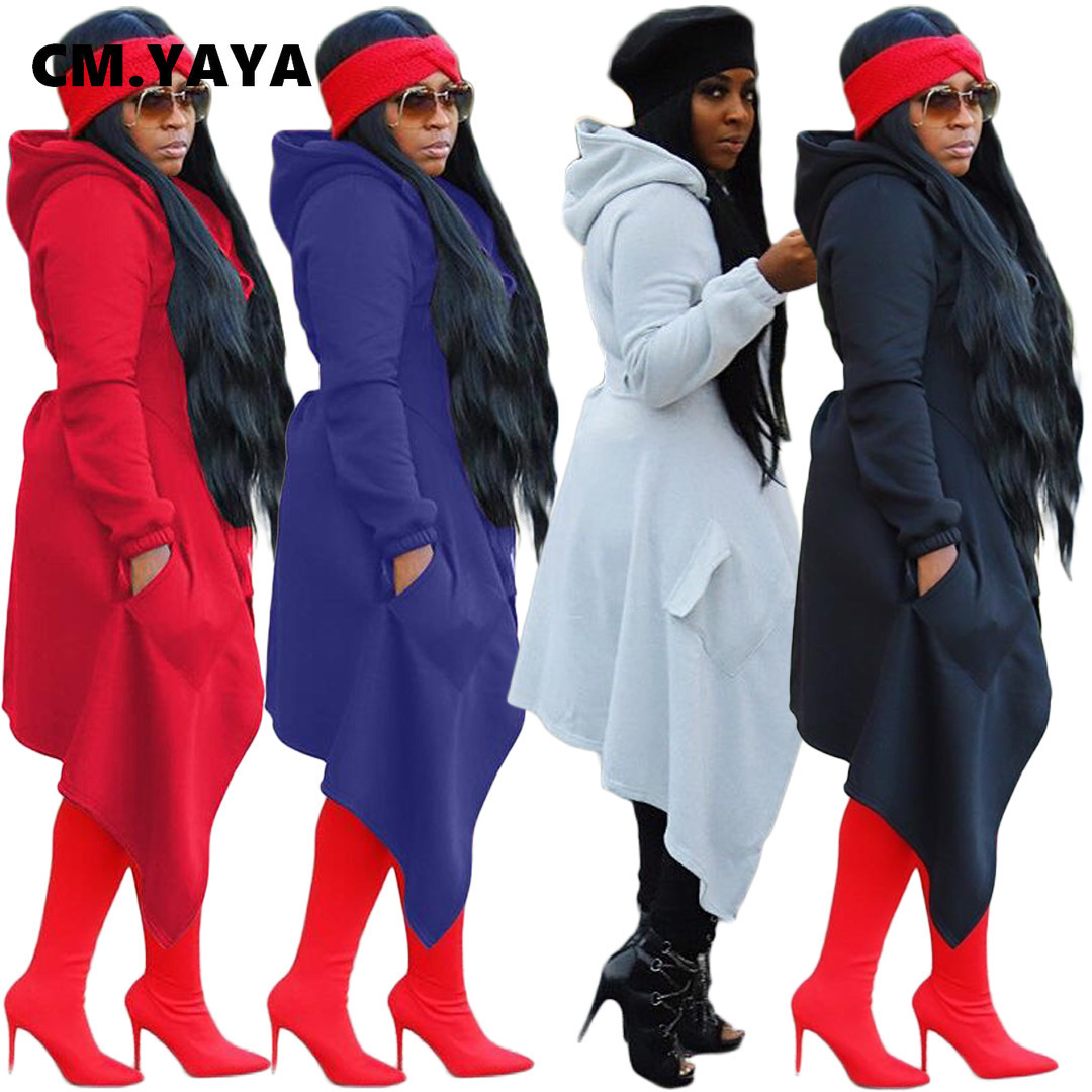 CM.YAYA Women Active Wear Hooded Zipper Long Sleeve Irregular Hem Sweatshirts Autumn Pullovers Hoodies 201216