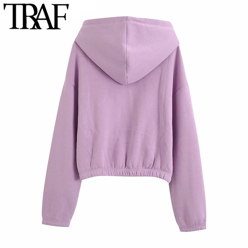 TRAF Women Fashion With Elastic Trims Cropped Hoodies Sweatshirts Vintage Long Sleeve Fleece Female Pullovers Chic Tops 201102