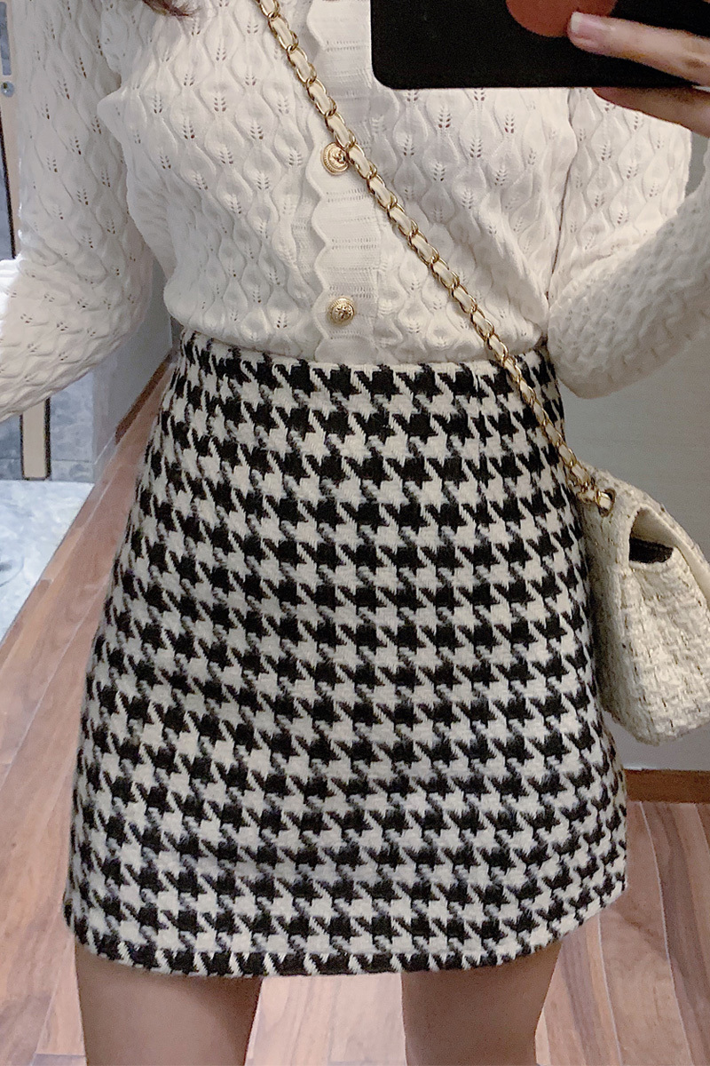 Fashion Women's skirt Woolen Plaid High Waist Slim Buttocks Short Mini Woman skirts Black Beige 1080 210309
