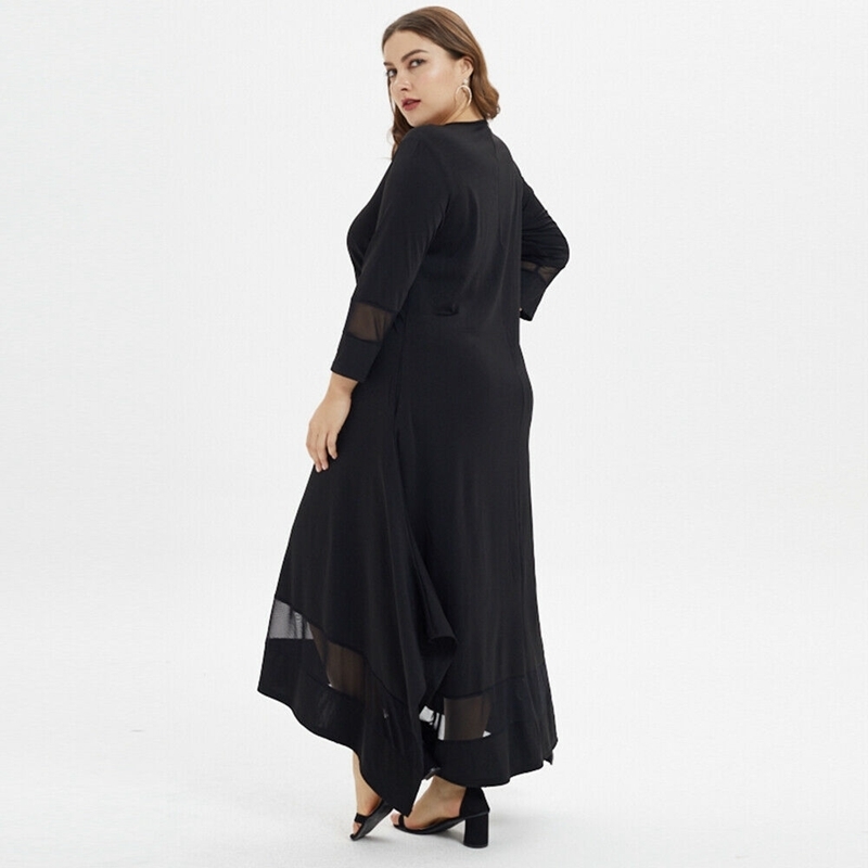 Plus size 4XL 5XL 7XL 8XL bust 132 large size women's dress autumn and winter round neck long sleeve loose stitching black robe 201008