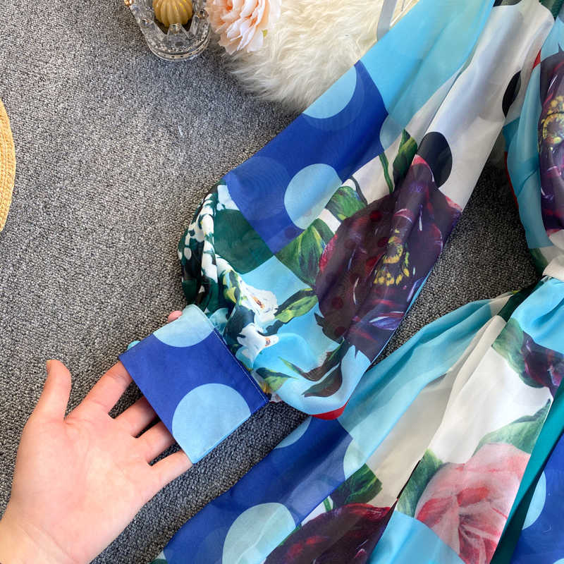 DEAT Spring Arrivals Print Round Collar High Waist Puff Sleeve Spliced Slim A-line Office Lady Chiffon Dress MZ473 210709