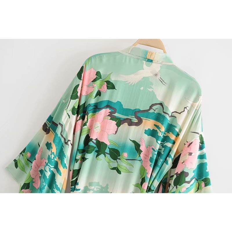 Boho Vintage green Floral Print Sashes Women bohemian V Neck batwing Sleeves happie Blouses Casual Blusas robe Kimono T200321