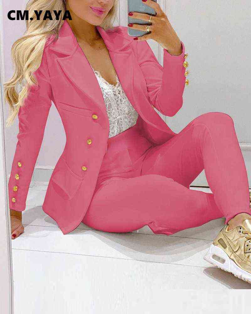 CM.YAYA Women Pants Suits Solid Single Breasted Blazers Tops + Pencil Two 2 Piece Sets Office Lady Fashion Outfit Autumn 211105