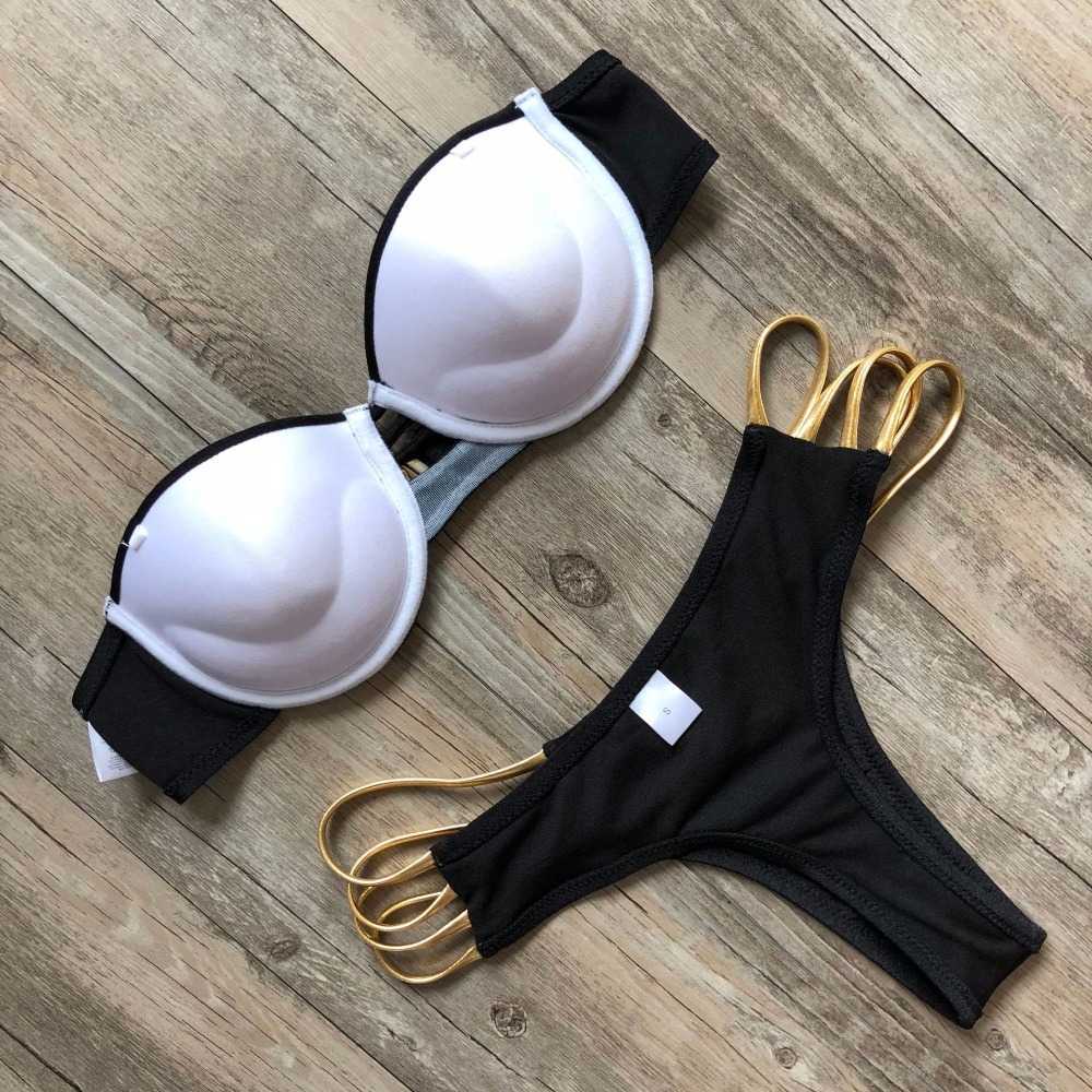Black Bandage Swimsuit Sexy Brazilian Bikini Push Up Swimwear Women Micro Bikinis Plus Size Beachwear Shiny Gold 210625