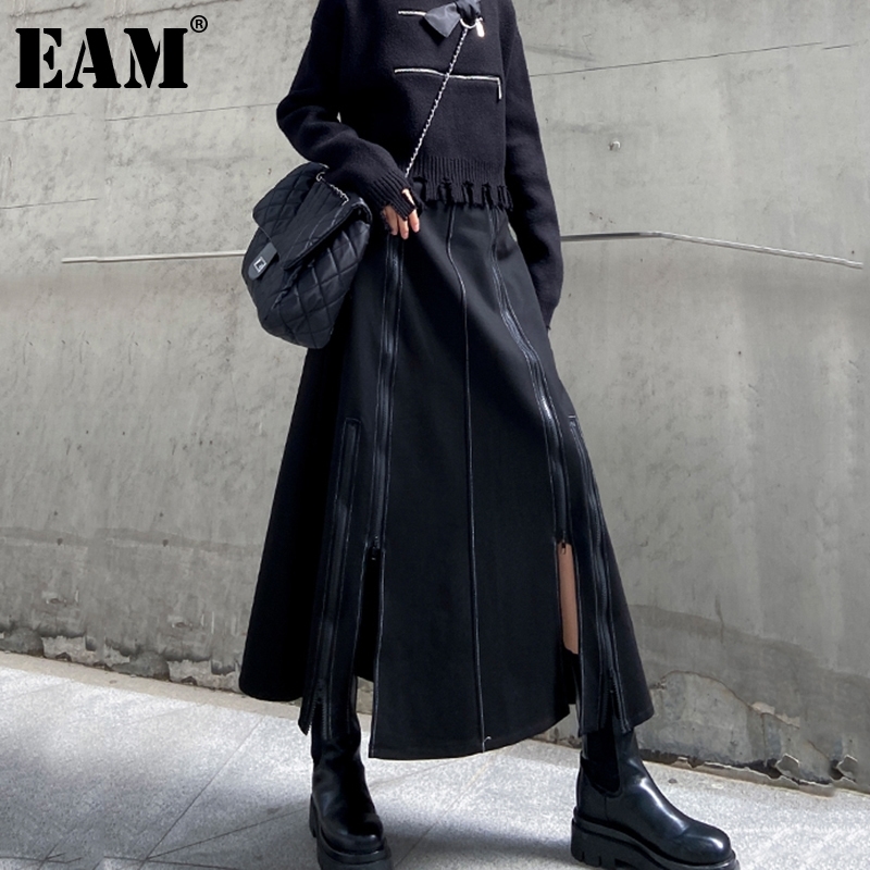 [EAM] High Waist Black Brief Zipper Spliced Long Split Joint Half-body Skirt Women Fashion Tide New Spring Autumn 2021 1DD1712 210309