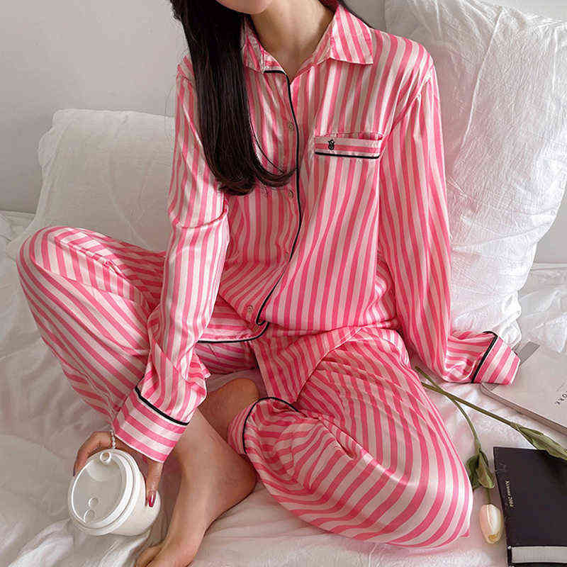 2 Piece Set Winter Pajama for Women Long Striped Elegant Sleepwear Pyjamas Satin Silk Lounge Pjamas Home Clothes Christmas Gift 211112wtt