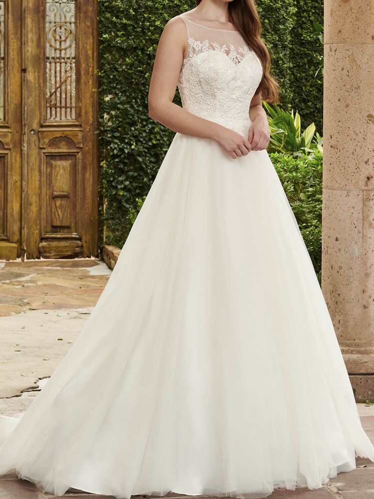 Lace Applique and Tulle Wedding Dress with a Sheer Neckline Ball Gown Bridal Gowns Open Back with Lace-Up