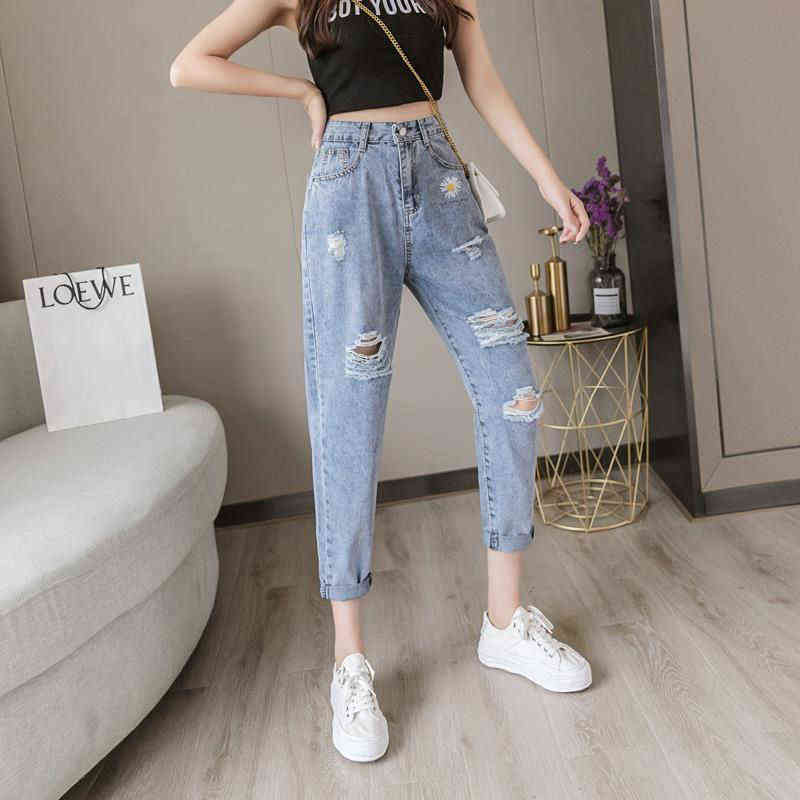 Embroidered daisy ripped jeans women loose cropped trousers summer thin high waist straight leg pants BF 211129