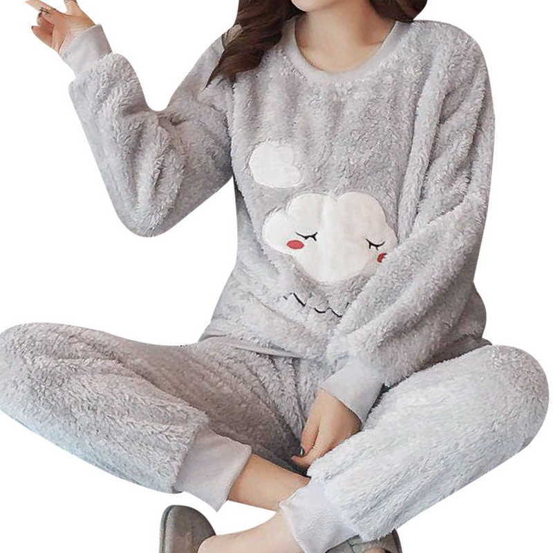 Winter Flannel Thicken Pajamas Set for Women Long Sleeve + Long Pants Casual Loose Warm Soft Sleepwear Loungewear 2Pcs Pjs 210924