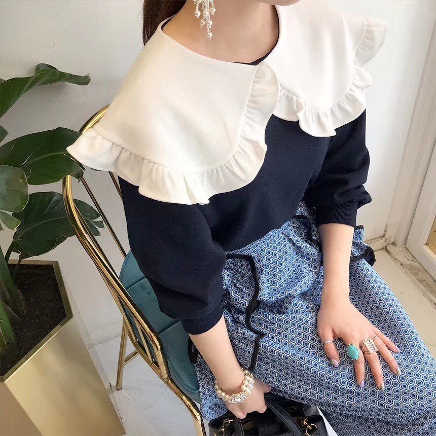 Gagarich Women Elegant Hoodies Korean Style Chic Contrasting Color Large Lapel Loose Long-Sleeved Sweatshirt Girl Sweet Tops 201204